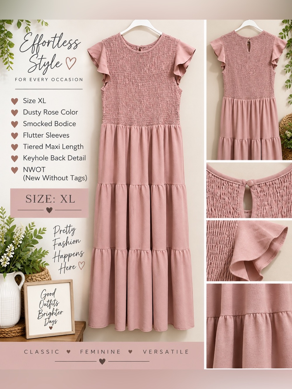 Dusty Rose Smocked Bodice Maxi Dress with Flutter Sleeves - Women's